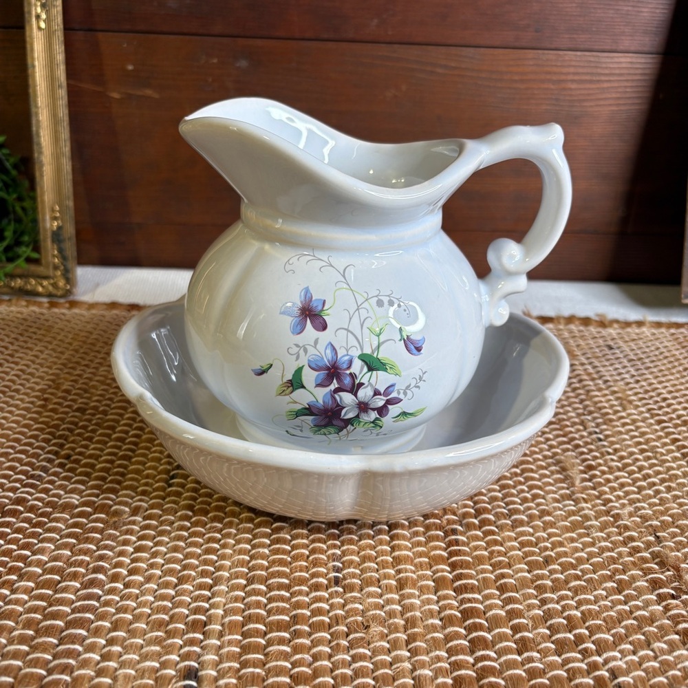 Vintage McCoy 7528 Pitcher and Bowl Set White with Purple Violet Flowers 2pcs
